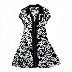 Vintage Retro Mod Connected Black White V-Neck Short Sleeve Dress 12 Geometric